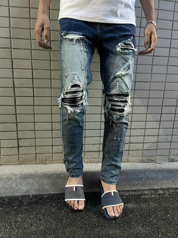 Quần jean xanh vá da viền thêu sát viền da tương đối cứng bản 4 khuy Menswear Nam