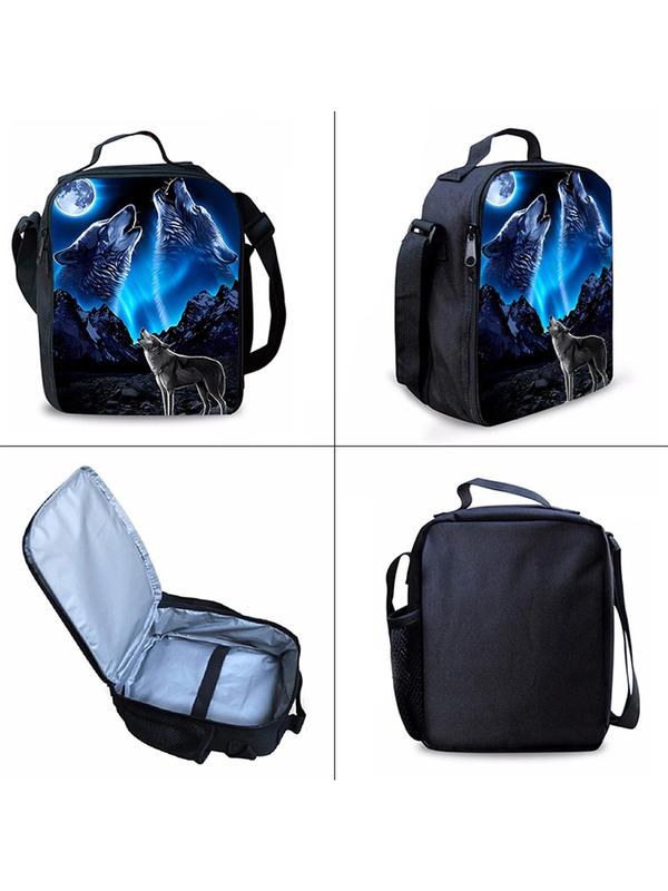 Wolf Pattern Backpack & Lunch Bag & Pencil Case Set, Casual Versatile Backpack Set for Women & Men, Trendy All-match Bag Set for Daily Use 3