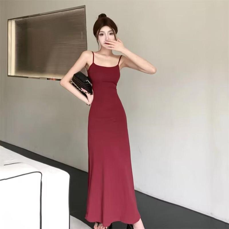 Product Introduction of Summer Dress Hot Girl Elastic Strap Dress Women Sleeveless Off-Shoulder Waist-Cinching One-Shoulder Base Long Dress 5