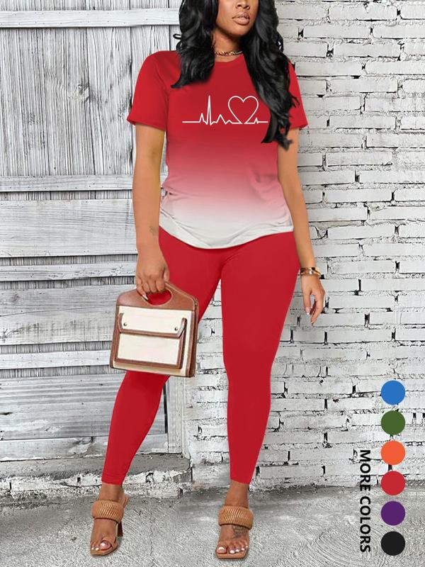 Women's Ombre Letter Print Short Sleeve Tee & Leggings Set, Casual Round Neck T-Shirt & Skinny Pants For Daily Wear, Ladies Two-Piece Outfits For All Seasons 2