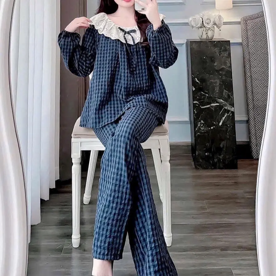 (Phương thảo đồ bộ) Sét đồ bộ ngủ kẻ nữ cổ tròn phối ren nơ nhiều màu chất đũi xốp mềm
