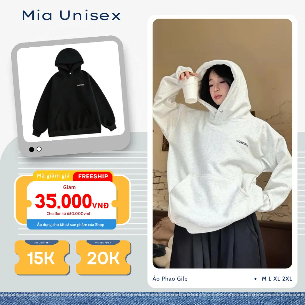 Hoodie unisex form rộng tay phồng Confident, áo nỉ mũ to 2 lớp dày dặn, giữ ấm tốt