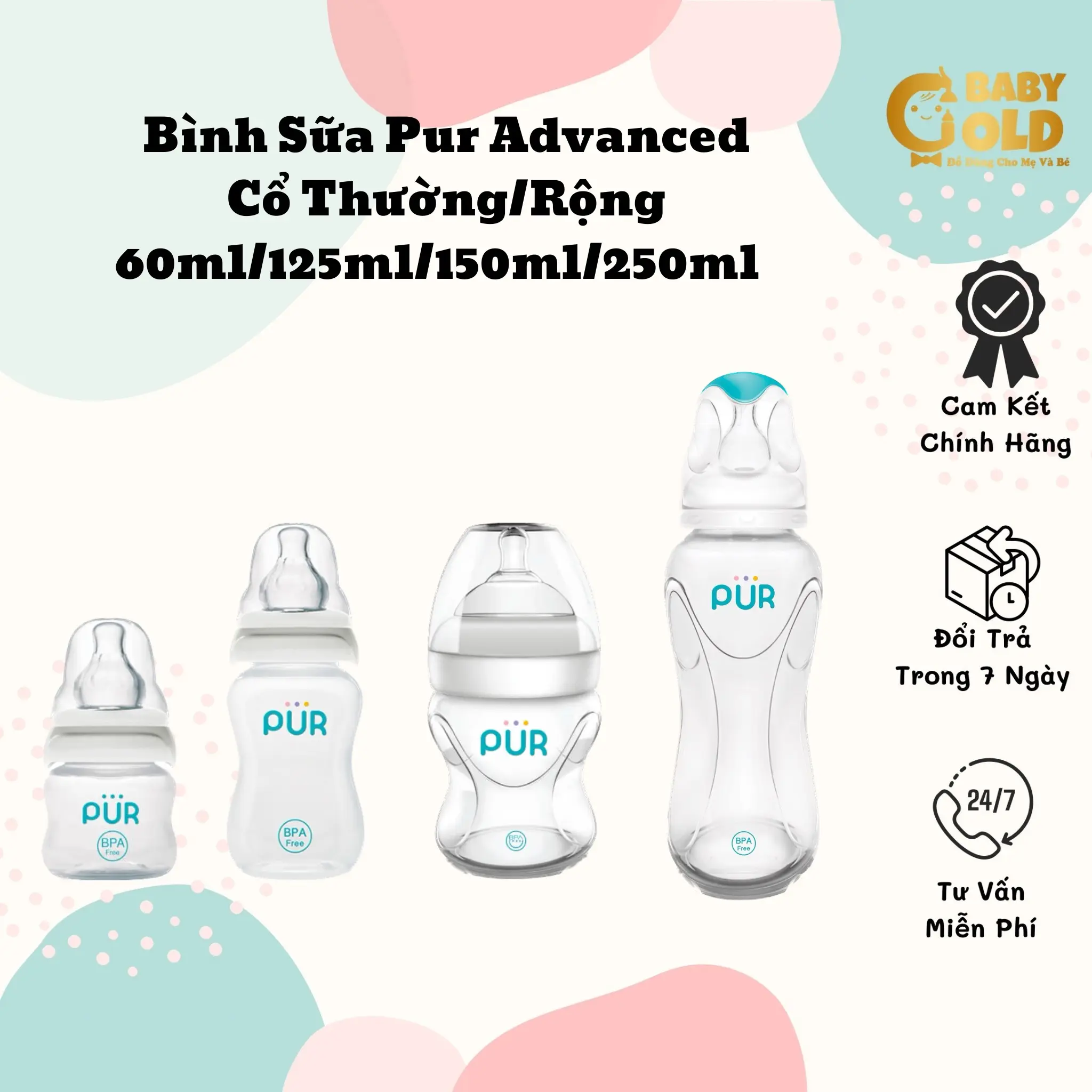 [ HÀNG CHÍNH HÃNG ] BÌNH SỮA PUR ADVANCED CỔ THƯỜNG/RỘNG 60ML/125ML/150ML/250ML