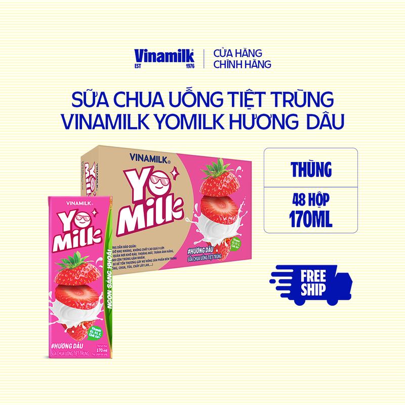 [CHỈ GIAO THÀNH PHỐ LỚN BÁN KÍNH 10KM] Thùng 48 hộp sữa chua uống hương dâu Yomilk - hộp giấy x 170ml