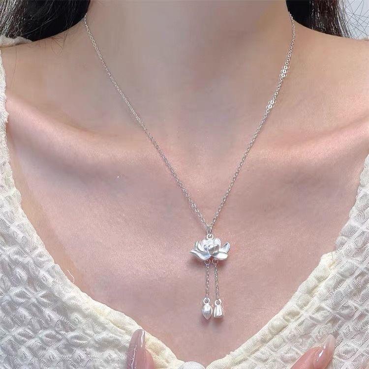 Product Introduction of Lotus Tassel Necklace for Women New Popular Item Good Luck Lotus Pendant New Chinese Style Niche 3