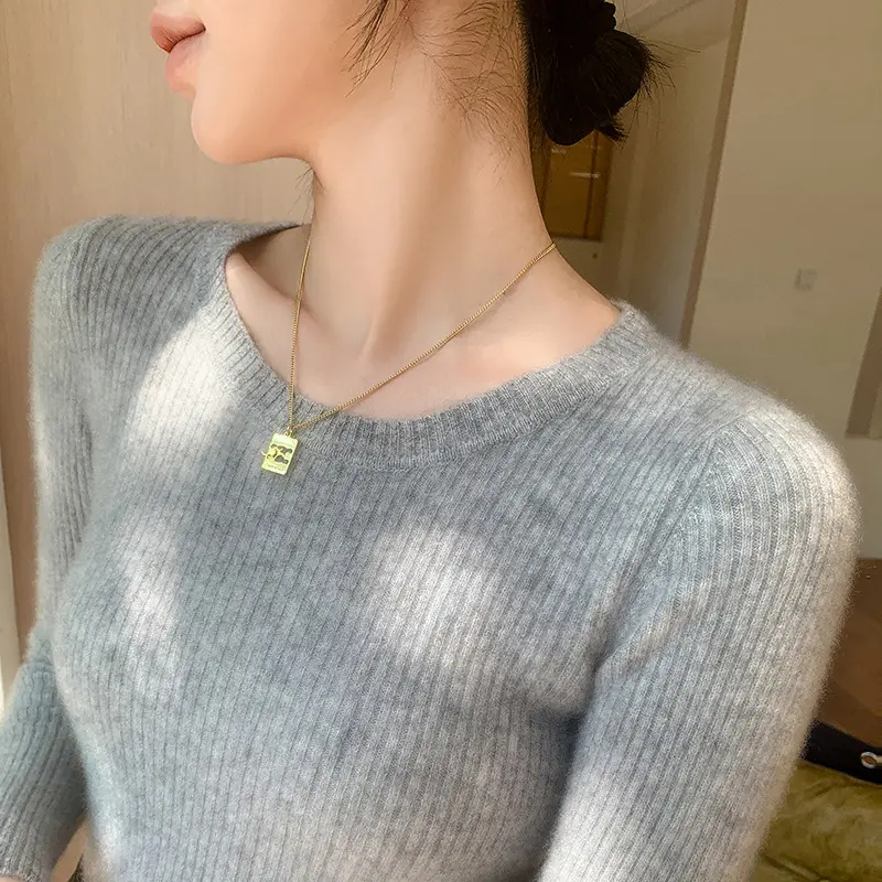 Áo Len Dài Tay Giữ Nhiệt, Dành Cho Nữ, Màu Trơn Cổ Tròn, Dáng Ôm, Áo Sơ Mi Dệt Kim Co Giãn Voi Women 7