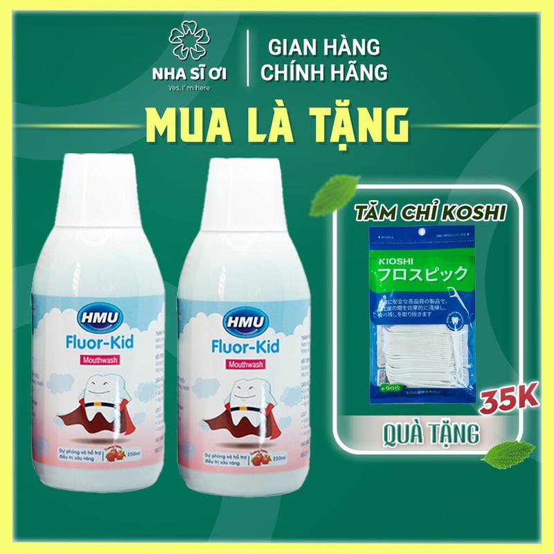 Combo 2 chai Nước súc miệng HMU Fluor Kid 250ml, điều trị sâu răng cho trẻ em, vị dâu dễ chịu