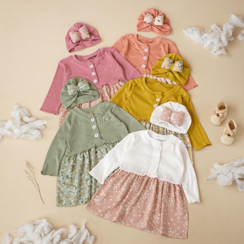 Dress bayi Mikhayla bahan rib rayon lengan panjang bonus turban 0-12 bulan