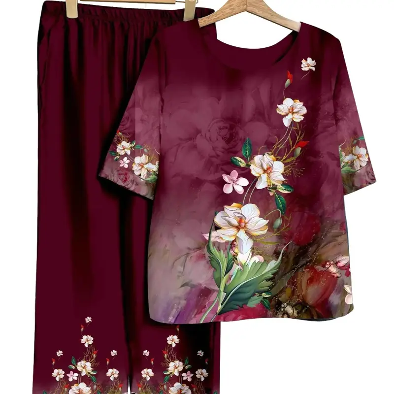 ĐỒ BỘ TRUNG NIÊN cao cấp Nữ Women Voi Áo Top Polo Sen Kem Hoa Sen Quần Ngủ Áo ngủ Pijama do bo nu kiểu đẹp 1
