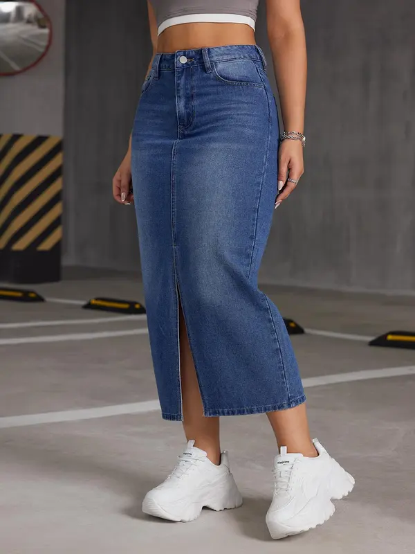 Women's Split Hem Bodycon Denim Skirt, Fashion Casual High Waist Midi Skirt for Daily Outdoor Wear, Ladies Bottoms for Summer 6