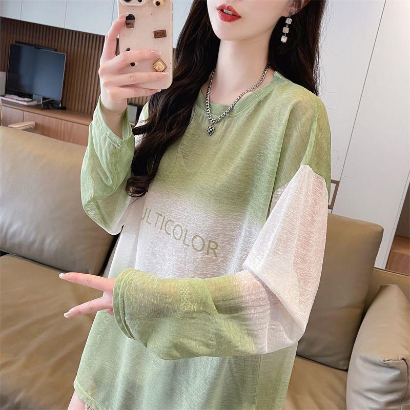 เสื้อยืดแขนยาวสีไล่โทนสีผ้าไหมน้ำแข็งบางสำหรับผู้หญิงฤดูร้อน - TikTok ...