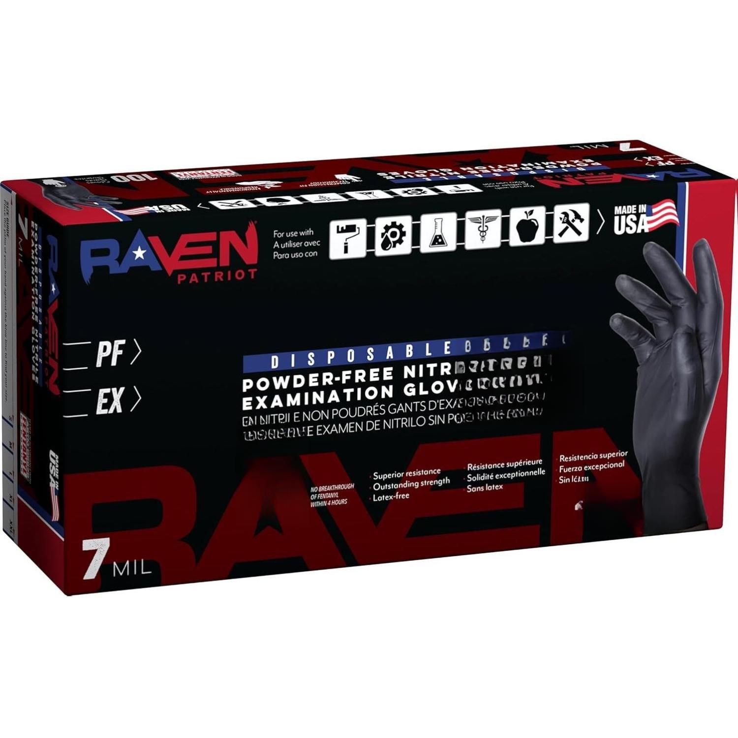 SAS Safety Raven Patriot Powder-Free Nitrile Disposable Gloves 7 Mil - Small Black Box of 100 Latex Free Compression Fit Textured Grip for Paint Automotive Industrial Janitorial Food Service Cleaning Personal Hand