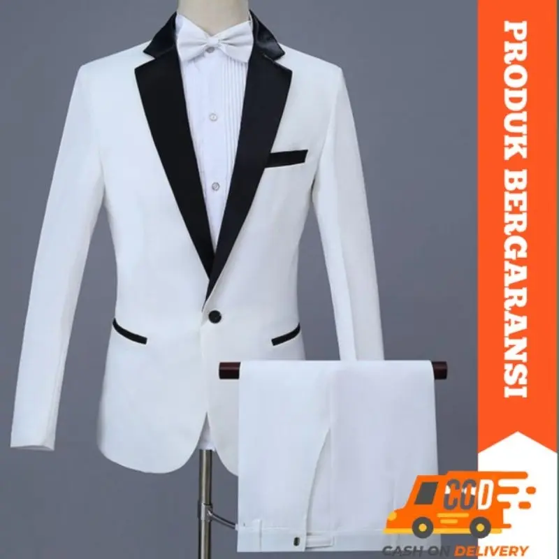Jas Pria Putih Kombinasi Hitam Jas Blazer Slimfit Premium Kantor Wisuda Celana Formal