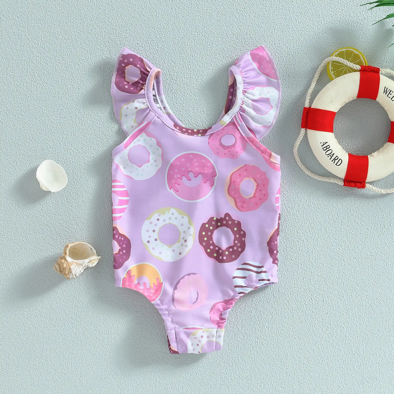 Baby Girls Summer Casual Romper Swimwear Sleeveless Cartoon Donut Print Bathing Suit