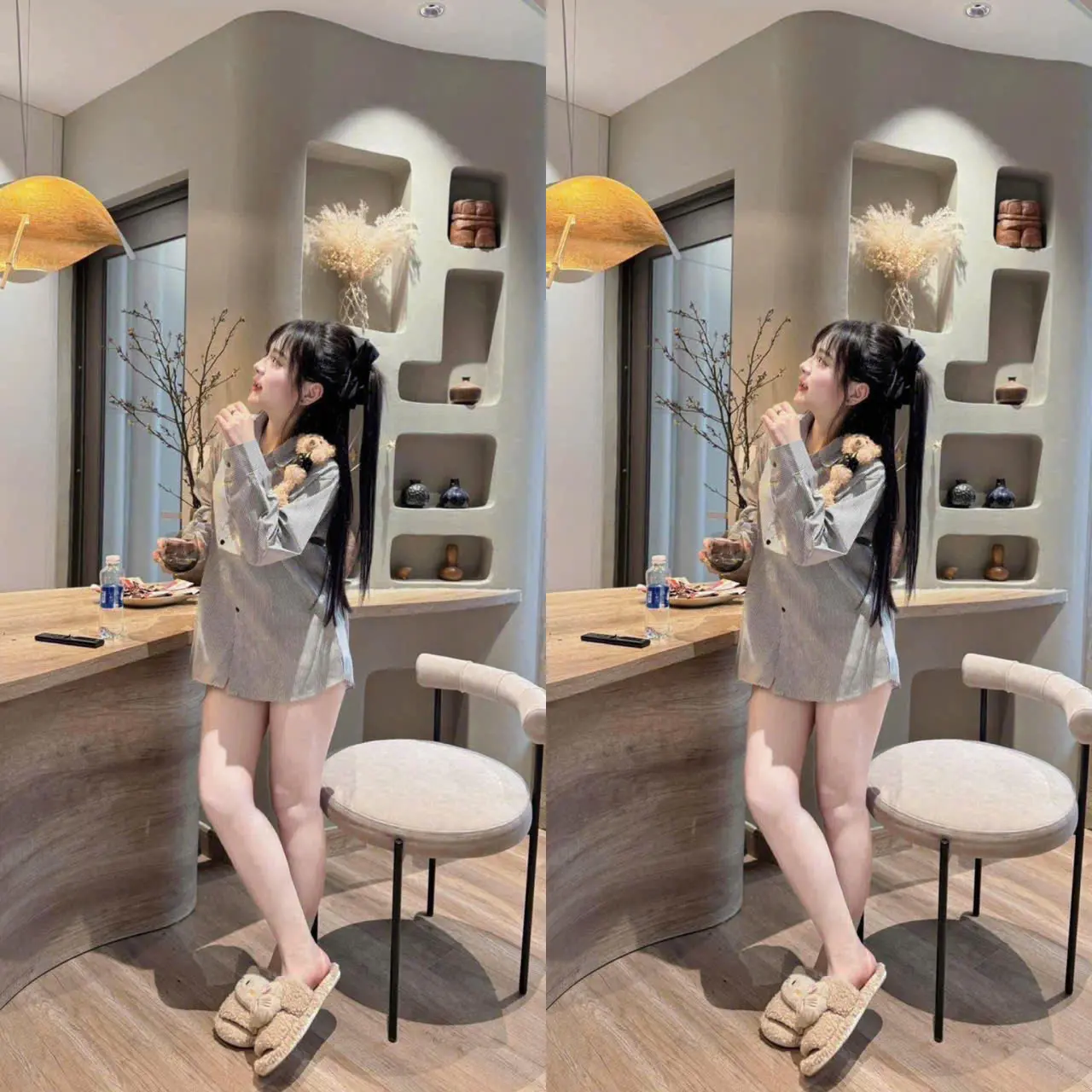 Áo sơ mi dài tay kẻ xám xinh xắn họa tiết đính gấu dễ thương Nữ Top Women Kem