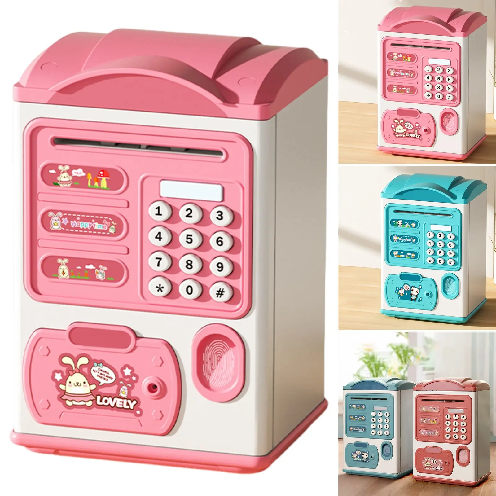 Piggy Bank with Music Light Auto-Roll Password Fingerprint Cartoon Battery Operated Boys Girls Electric Coin Cash ATM Machine Birthday Gift