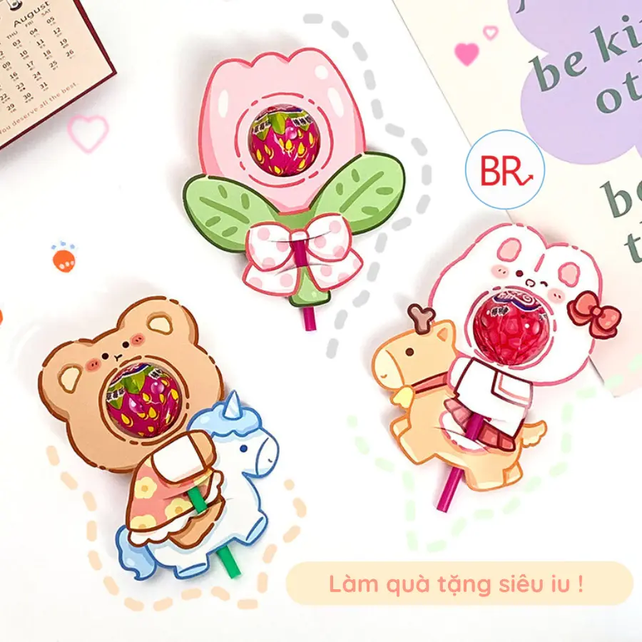 Set 6 tờ thiệp gắn kẹo mút, mẫu hoạt hình thỏ, gấu, halloween, noel - thiệp gắn kẹo mút làm bó hoa