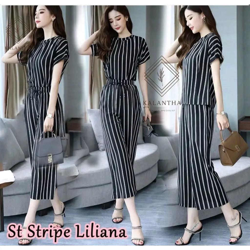 Set 2in1 Liliana - Setelan Wanita Motif Salur Gaya Korea Terbaru - Baju One Set Termurah