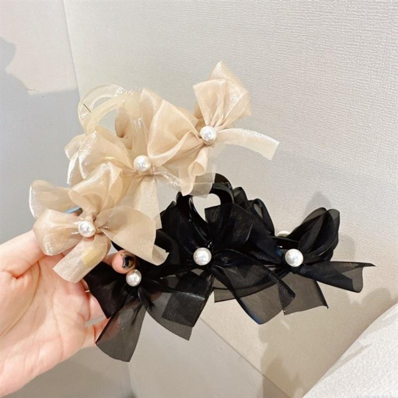 Korean Fashion Pearl Mesh Claw Girl Back of Head Hair Clip for Women Bow Hairpin 3