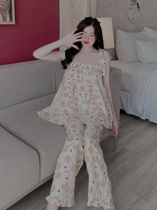 (FreeSize 50-62kg) Set đồ bộ Áo nữ dây gấu xinh cao cấp women 3