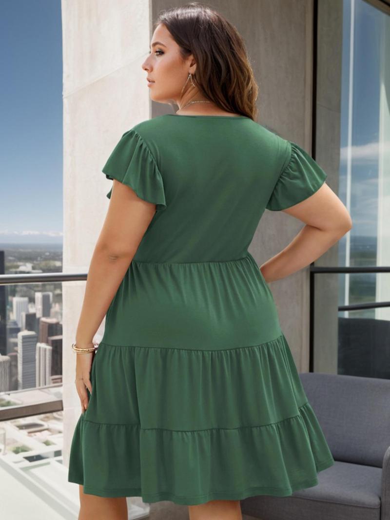 Product Introduction of 【Plus Size】 Solid Color Ruffle Hem Dress, Elegant Short Sleeve V Neck Dress for Women, Women's Plus Clothing for Summer 2