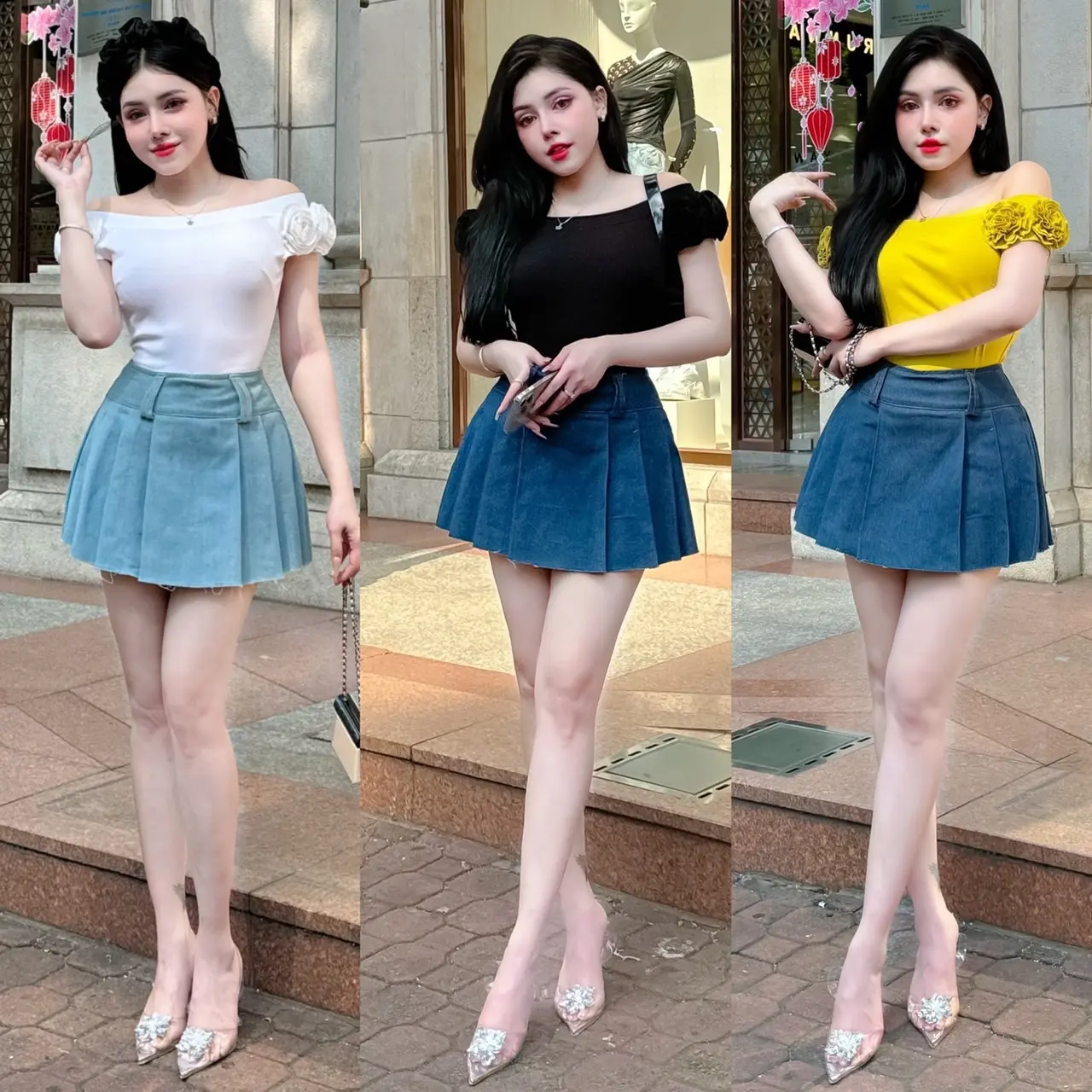 Áo thun trễ vai,gắn 4 bông xinh xắn  Nữ Top