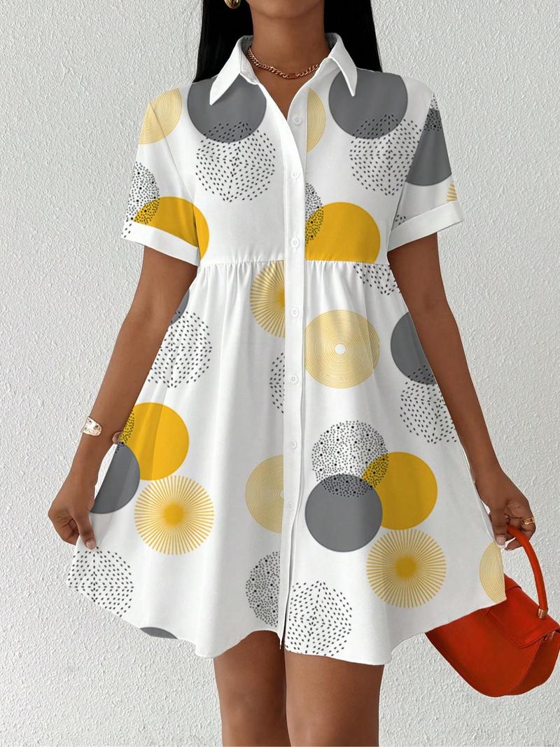 Product Introduction of 【Plus Size】 All Over Print Shirt Dress, Casual Short Sleeve Collared Dress for Summer, Women's Clothes for Daily Wear 4