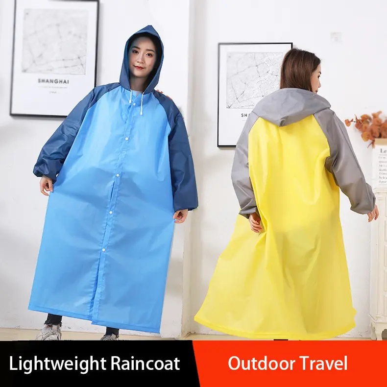 Unisex Long Raincoat Outdoor Splice Color Waterproof Men and Women Raincoat Hooded Travel  Outdoor Rainwear