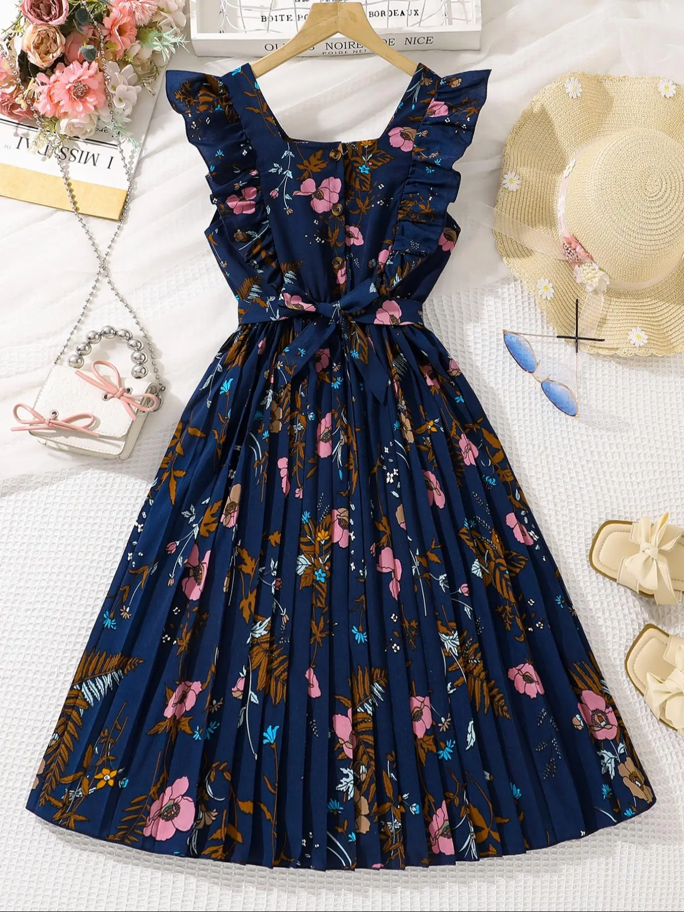 Girl's Floral Print Belted Sweater Dress, Casual Sleeveless Round Neck Knit Dress for Summer, Kids Clothes for Daily Wear