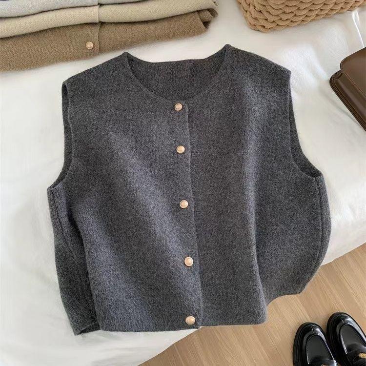 Áo Vest Dệt Kim, Phong Cách Nhẹ Nhàng, Một Hàng, Cỡ Nhỏ, Nút Vàng, Cổ Tròn, Áo Ba Lỗ Không Tay Phong Cách Hàn Quốc, Dành Cho Nữ, Có Thể Mặc Ngoài Trời 1