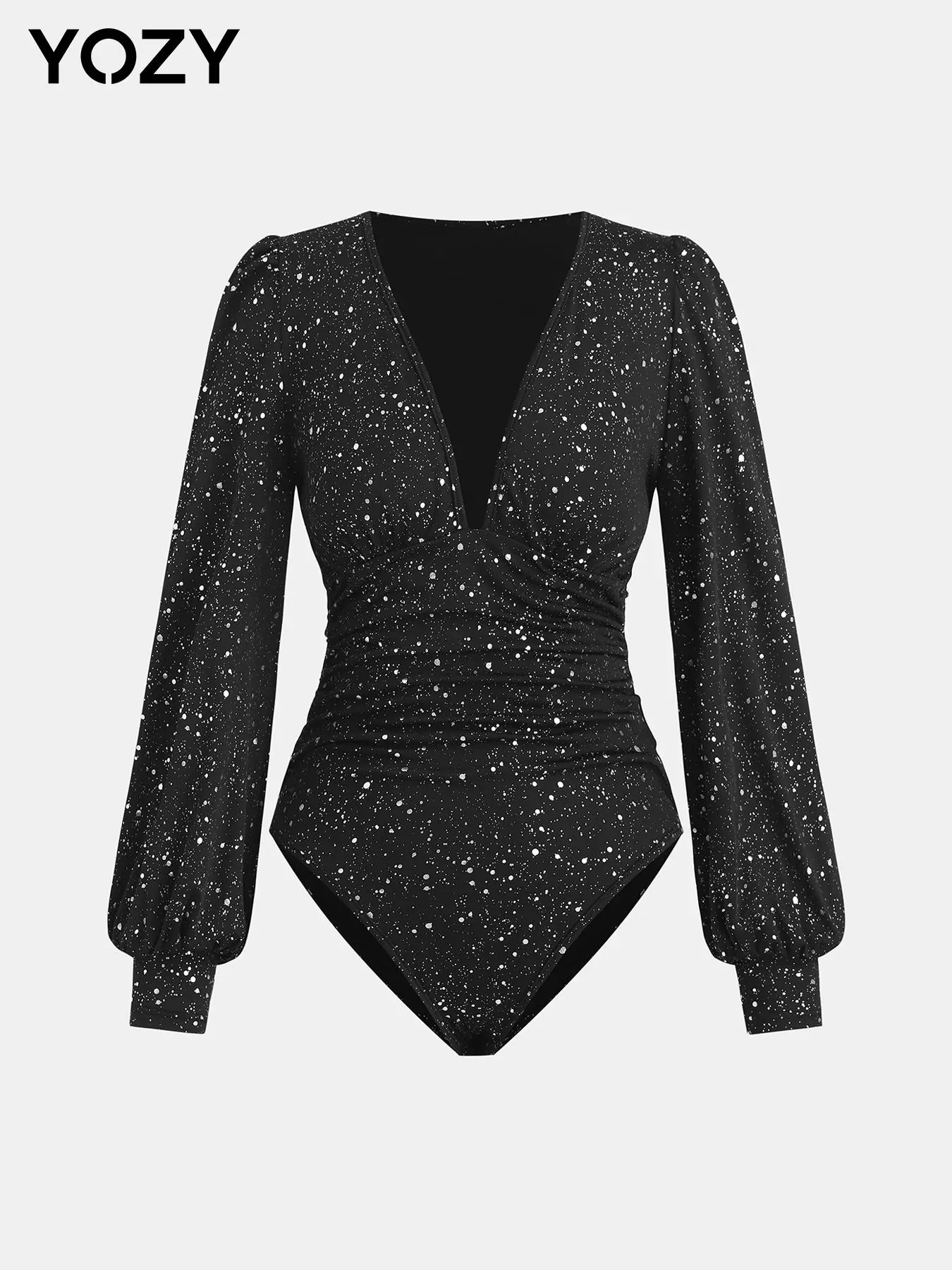 YOZY Women's All Over Print Bodysuit, Casual V Neck Long Sleeve Bodysuit for Party Club Dating, Women's Clothes for Spring & Fall