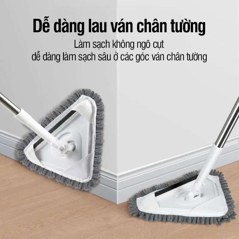 Cây lau trần nhà chổi lau tường, lau kính, lau nhà đa năng xoay 360 độ hình tam giác, cán dài thép không gỉ 7