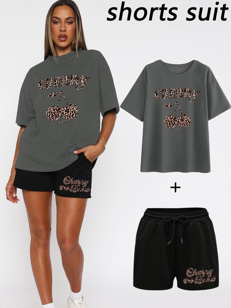 Product Introduction of Women's Cherry Print Short Sleeve T-shirt & Drawstring Waist Shorts Two-piece Set, Casual Fashion Cozy Tee & Shorts for Daily Outdoor Wear, Ladies Summer Clothes, Womenswear 7