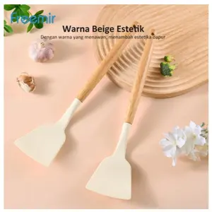 FREEMIR Spatula Silikon Anti Lengket Warna Beige Estetik dengan Pegangan Kayu Nyaman Tahan Panas hingga 230C