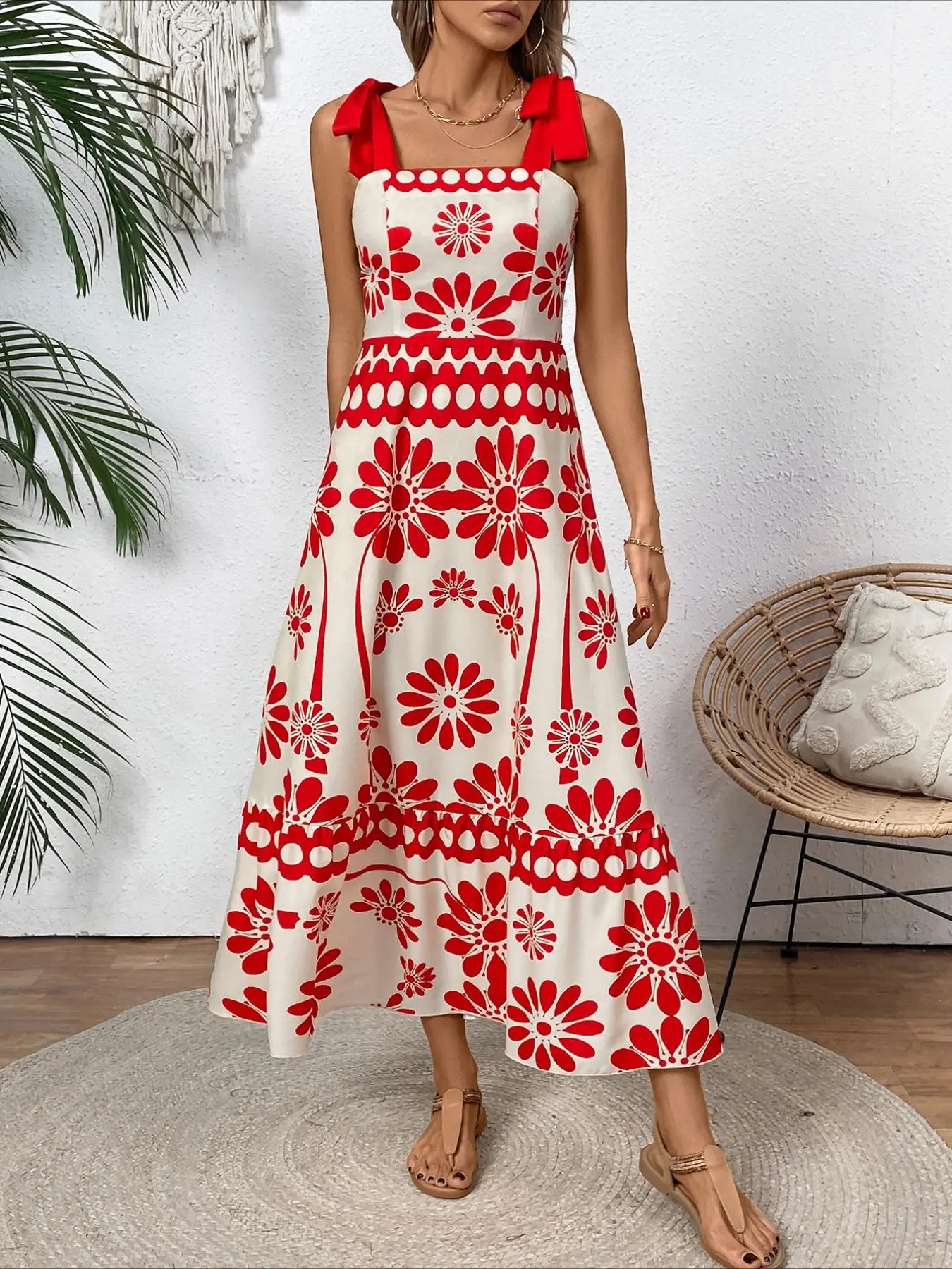 Women's Floral Print Tie Shoulder Dress, Boho Sleeveless Long Dress for Beach Holiday Vacation, Ladies Summer Clothes