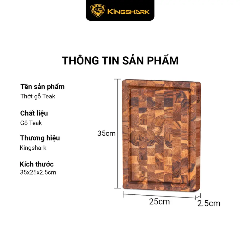 Thớt thái gỗ Teak Kingshark size 350x250x25mm cao cấp an toàn cho sức khỏe, hình chữ nhật 7