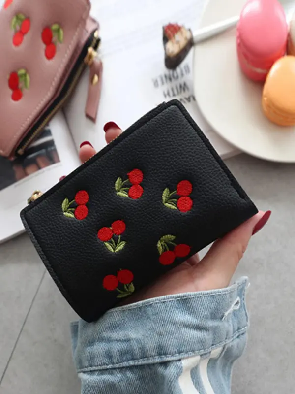 Women's Cute Cherry Embroidered Short Wallet, Trendy Elegant Bifold Wallet, Chic All-match Card Holder for Daily Life, Everyday Purse for Women & Girls, Wallets for Women, Unique Gifts for Women 4