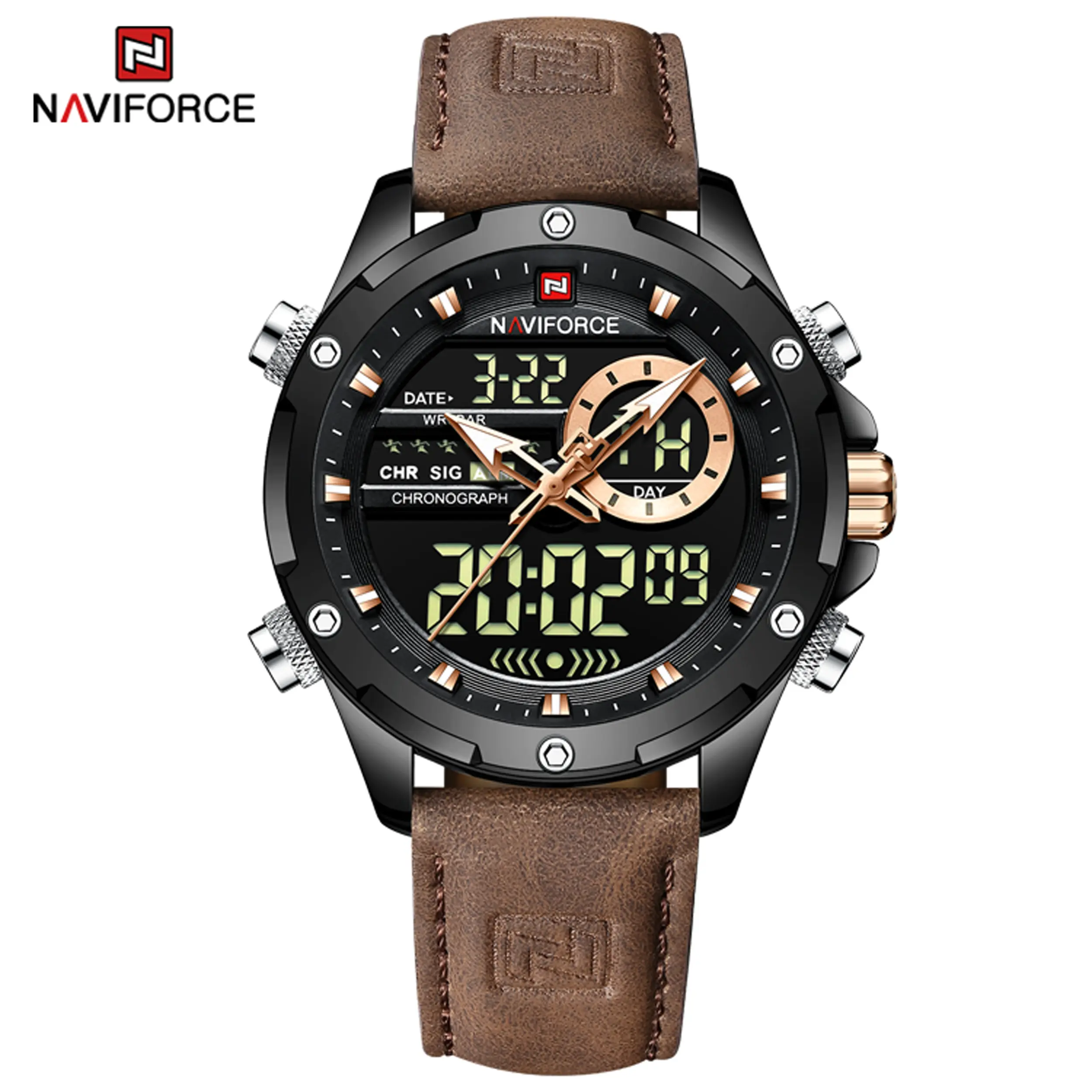 Jam Tangan Kasual Lelaki, NAVIFORCE, Kalis Air, Jam Tangan Kulit, Chronograph Digital, Hitam dengan Coklat, Jam Tangan, NF9208