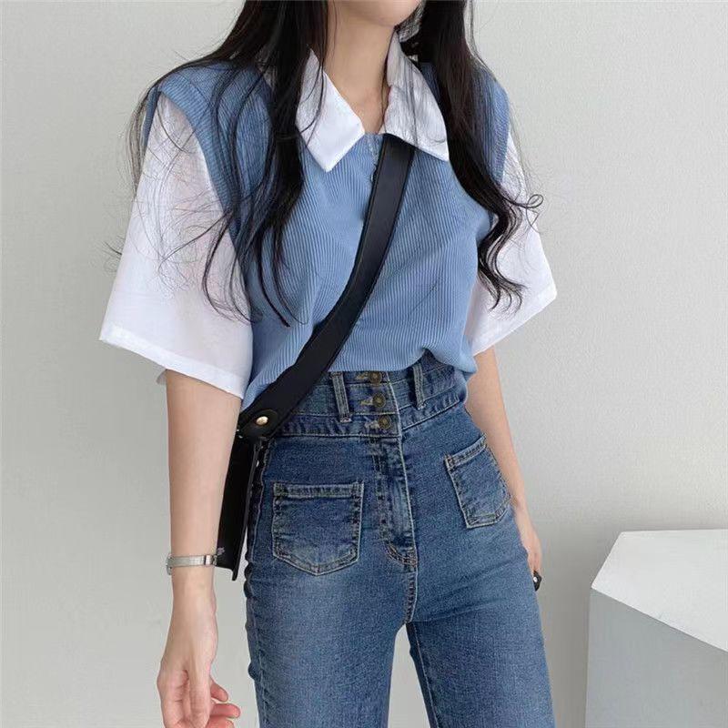 Product Introduction of Áo Phông Ngắn Tay, Phong Cách Preppy, Ve Áo Polo Mùa Hè, Hai Mảnh Giả, Màu Tương Phản, Dáng Rộng Vừa Vặn, Áo dễ phối đồ Đi Chơi Dành Cho Nữ, Phong Cách Ins 11