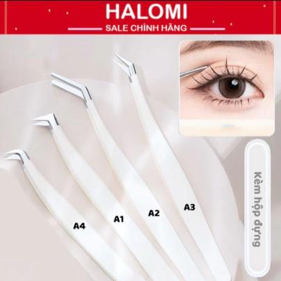  Nhíp gắn lông mi giả Halomi nhíp chuyên dụng gắn mi chùm chất liệu sắt không ghỉ kèm hộp đựng 