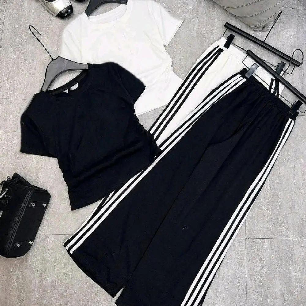 Sét bộ quần ống rộng viền rót + mix áo thun tăm croptop Trơn dáng ngắn - Chất Cotton mịn thoáng mát co dãn 2 chiều