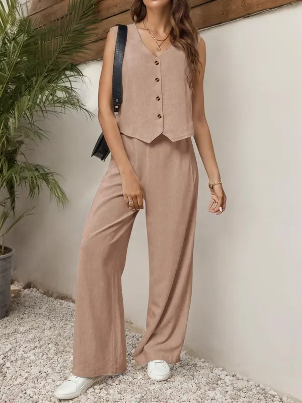 YOZY V Neck Vest & Elastic Waist Pants Set, Button Front Casual Sleeveless Top & Wide Leg Trousers, 2024 Women's Wear for Spring & Summer & Autumn, XS-XXl, Tops That Hide Stomach, Clothing 2