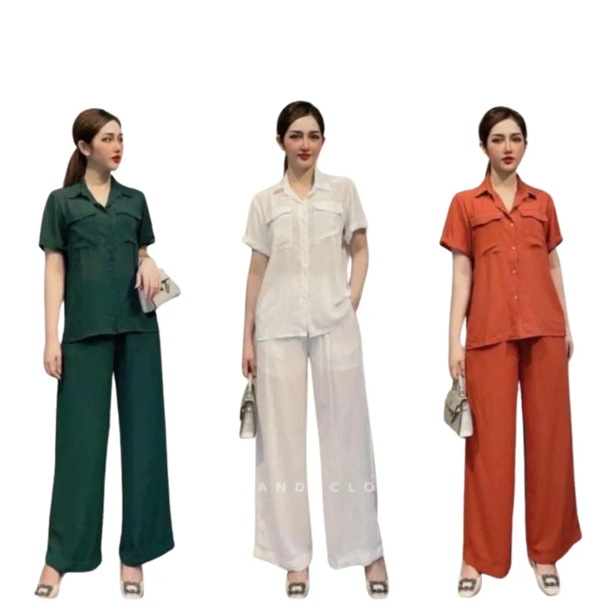 Bộ đũi tơ sơ mi tay cộc quần dài 2 túi, quần ống xuông, dáng cổ đức Áo Nữ Women Voi Jacket Ong Pants Top