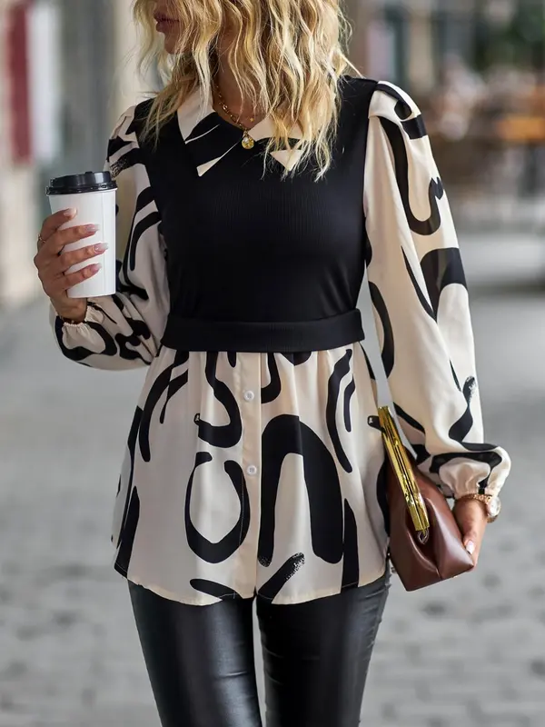 Women's All Over Print 2 in 1 Bishop Sleeve Blouse, Elegant Long Sleeve Button Front Top for Spring & Fall, Women's Clothing for Daily Wear 0