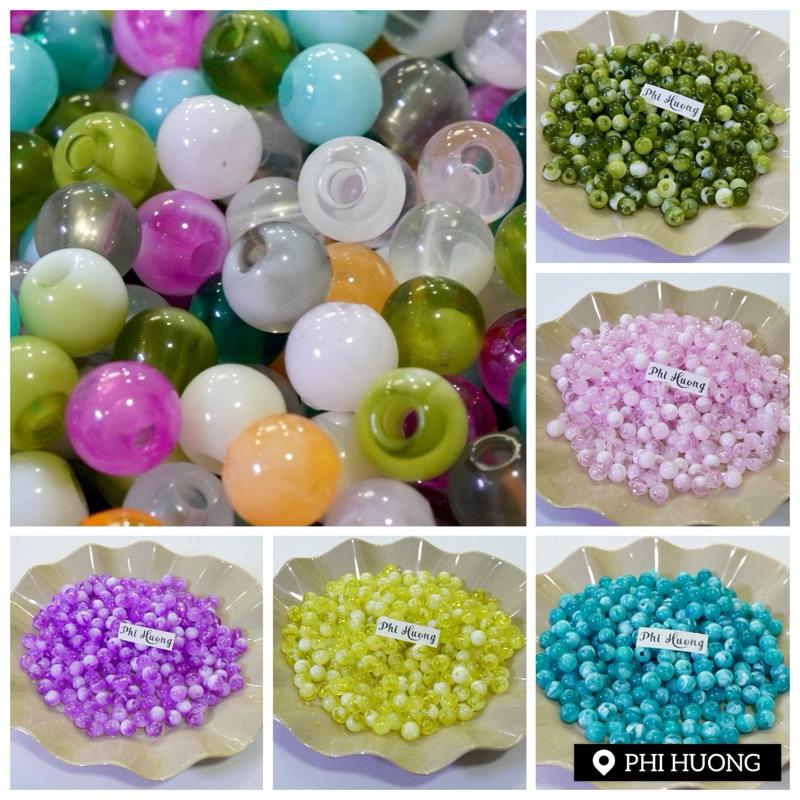 Gói 100 hạt cườm nhựa tròn 8mm vân giả đá dùng xỏ vòng tay trang sức handmade