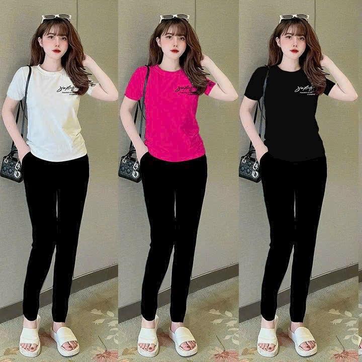 ĐỒ BỘ NỮ QUẦN DÀI ÁO THÊU CHỮ Ký CÓ 7 MÀU ĐỦ SIZE MLXLXXL 43-70kg Áo + Quần Top Women Thun Cotton Đen set