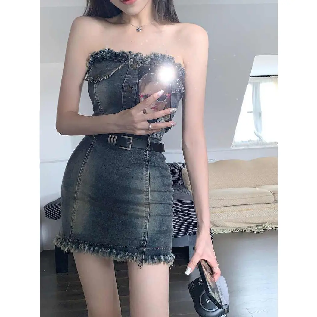 Vintage Spaghetti Strap Frayed Denim Dress for Women 2025 Summer New Design  Slim Fit Waist Bodycon