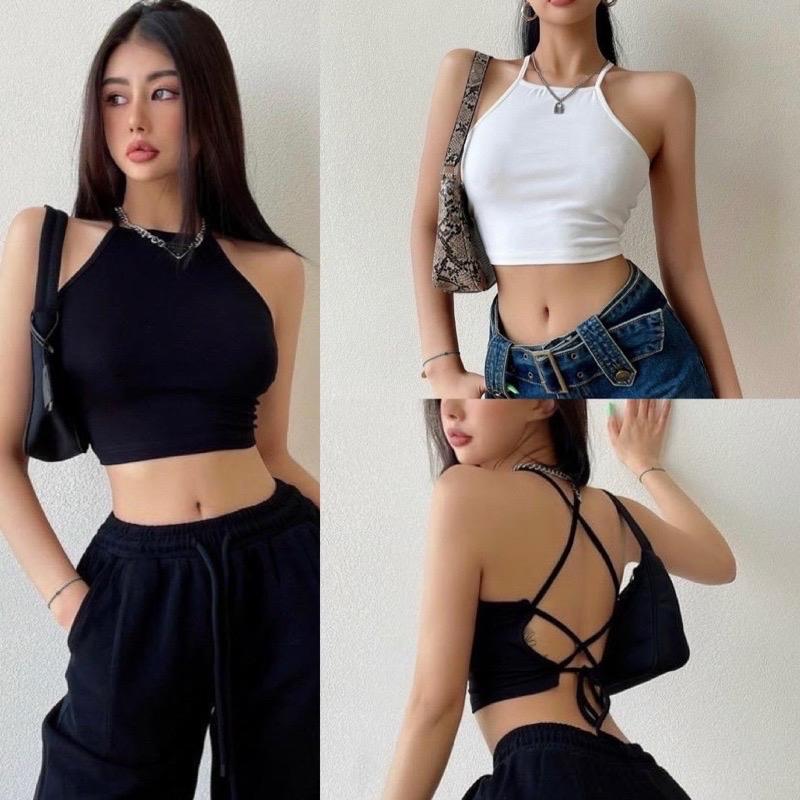 A-125 Áo 2 dây đan dây hở lưng croptop ôm body chất vải thun gân len 4 chiều Free Size dưới 53kg có mút Nữ Women Top Thun Voan Voi