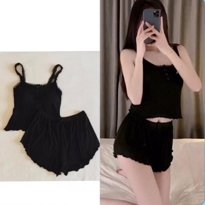 Sét Bộ đồ ngủ nữ mặc nhà Áo Hai Dây phối ren kèm Quần Short đùi chất tăm lạnh quảng châu siêu mát cài khuy áo mã ut1