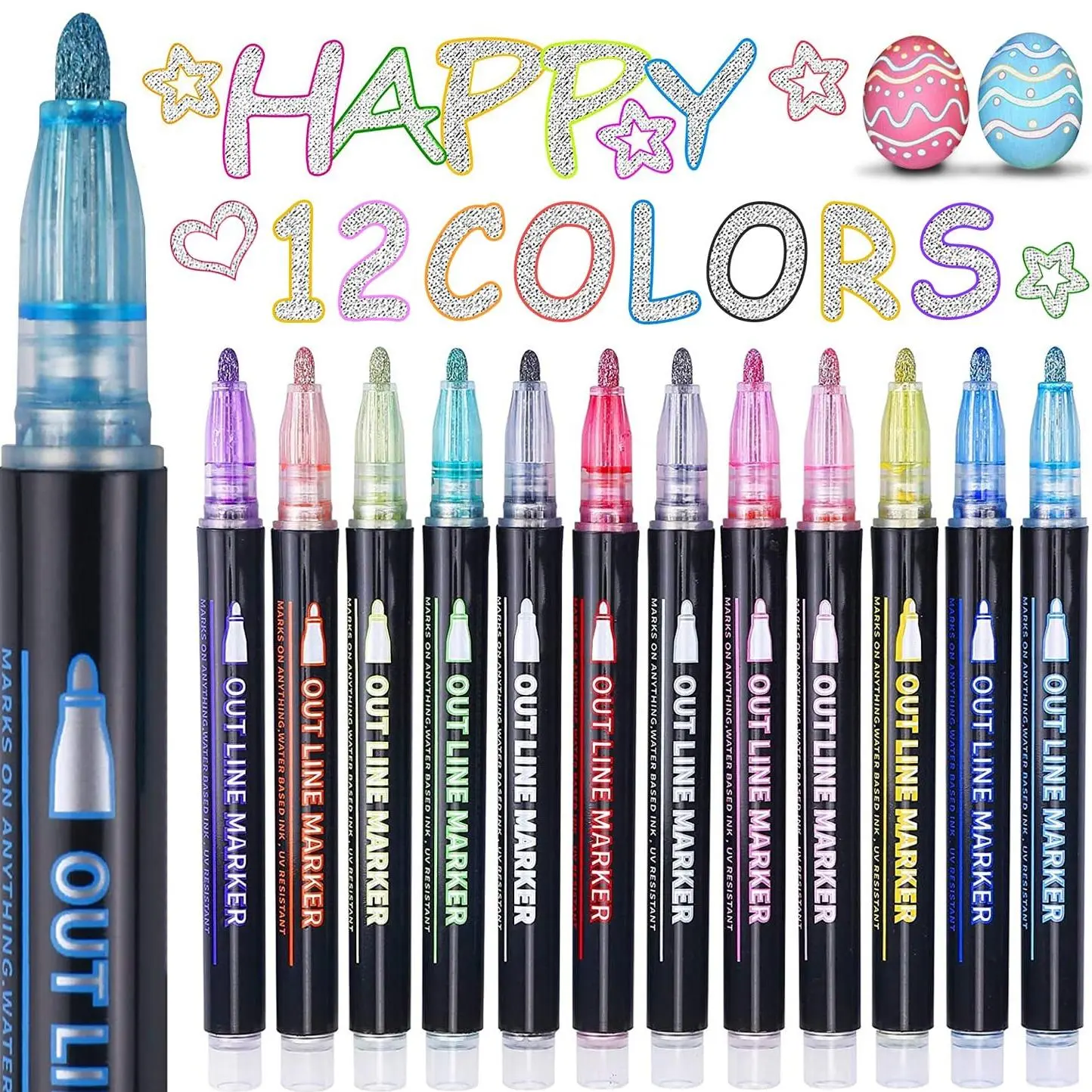 12 Colors Glitter Marker Pen, 1 Set Outline Marker Pen, Art Marker Pen for DIY Scrapbooking, Journaling, Gift for Teenager Girls